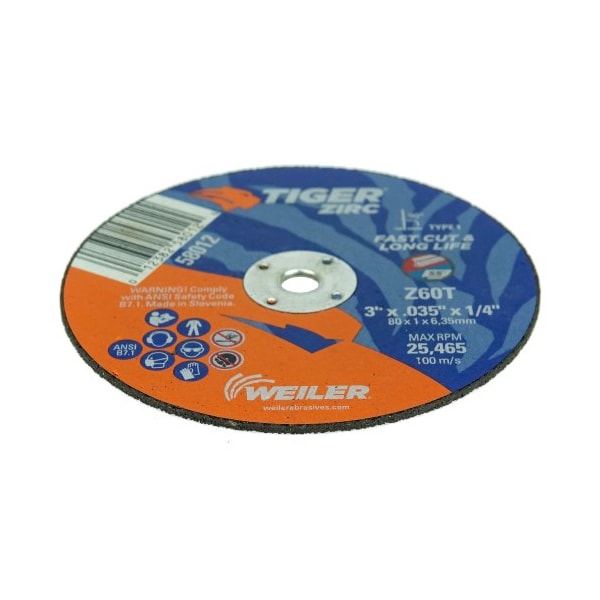 Weiler 3" x .035" Tiger Zirc Type 1 CutOff Wheel, Z60T, 1/4" A.H